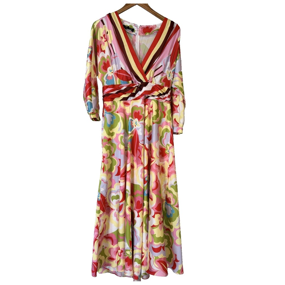 Teri Jon Dress Womens 8 Red Floral Maxi 3/4 Ruched Boho Lined Beach Resort
